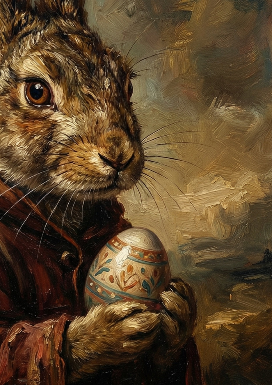 Nostalgisches Hasenportrait im Vintage-Stil: Brauner Hase im dunklen Umhang mit verziertem Ei, stimmungsvolles Stillleben in warmen Braun- und Ockertönen.