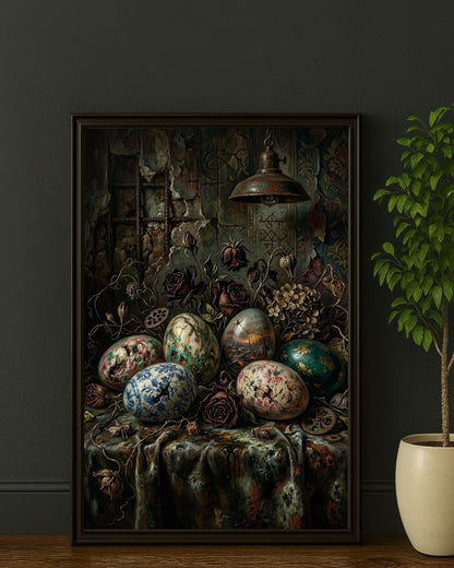 Gothic Stillleben Poster mit bemalten Vintage Ostereiern, verwelkten Rosen und antiker Lampe in dunkler Vintage Atmosphäre.