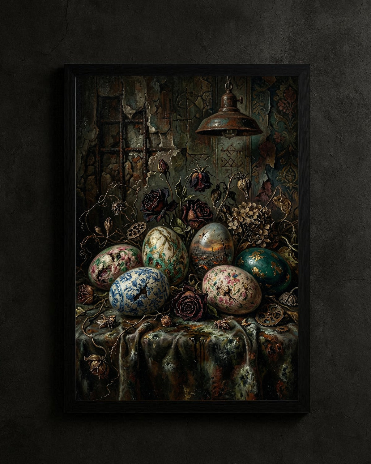 Gothic Stillleben Poster mit bemalten Vintage Ostereiern, verwelkten Rosen und antiker Lampe in dunkler Vintage Atmosphäre.