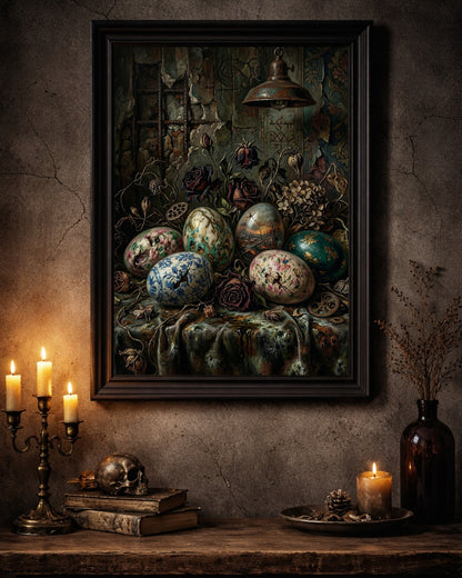 Gothic Stillleben Poster mit bemalten Vintage Ostereiern, verwelkten Rosen und antiker Lampe in dunkler Vintage Atmosphäre.