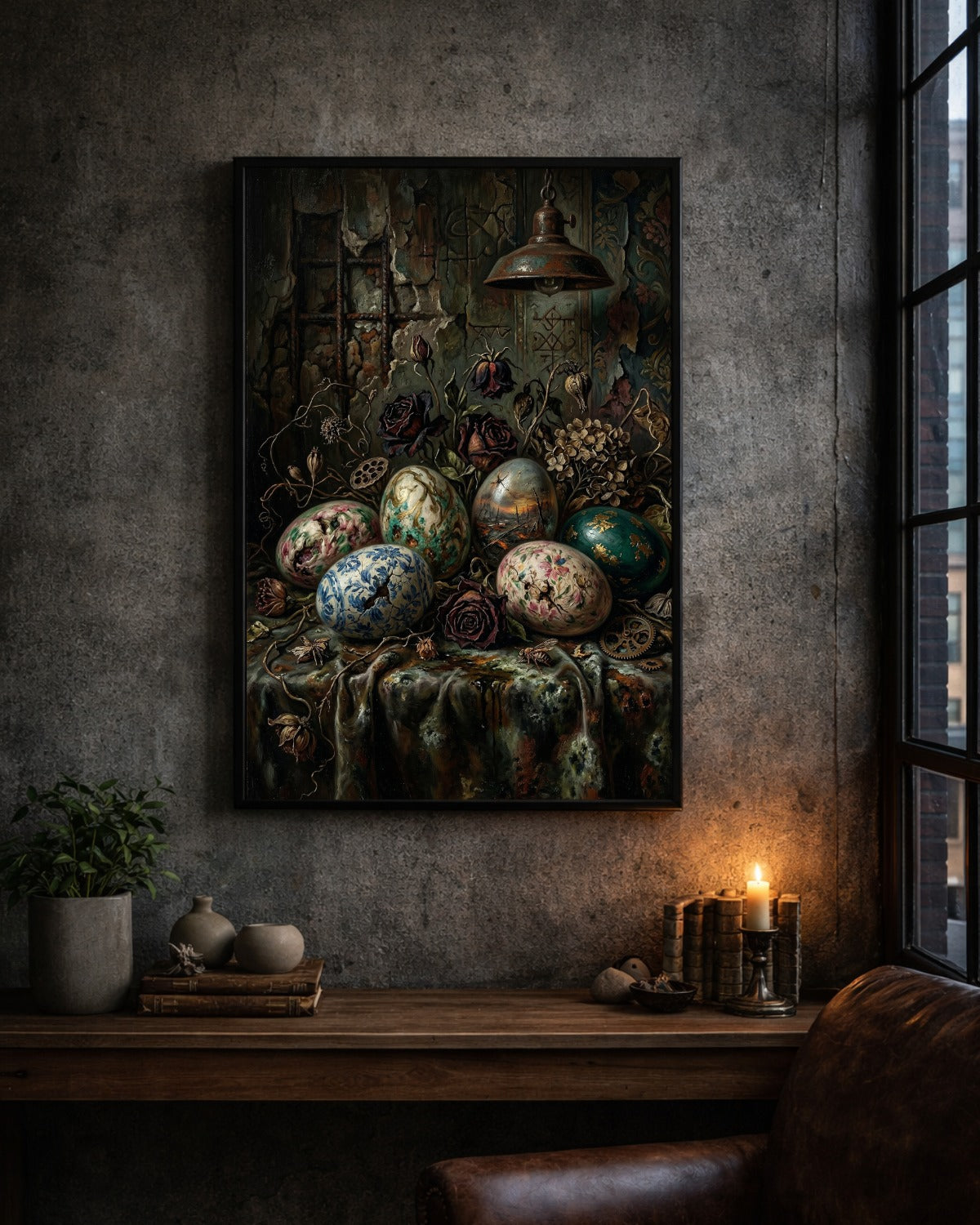Gothic Stillleben Poster mit bemalten Vintage Ostereiern, verwelkten Rosen und antiker Lampe in dunkler Vintage Atmosphäre.
