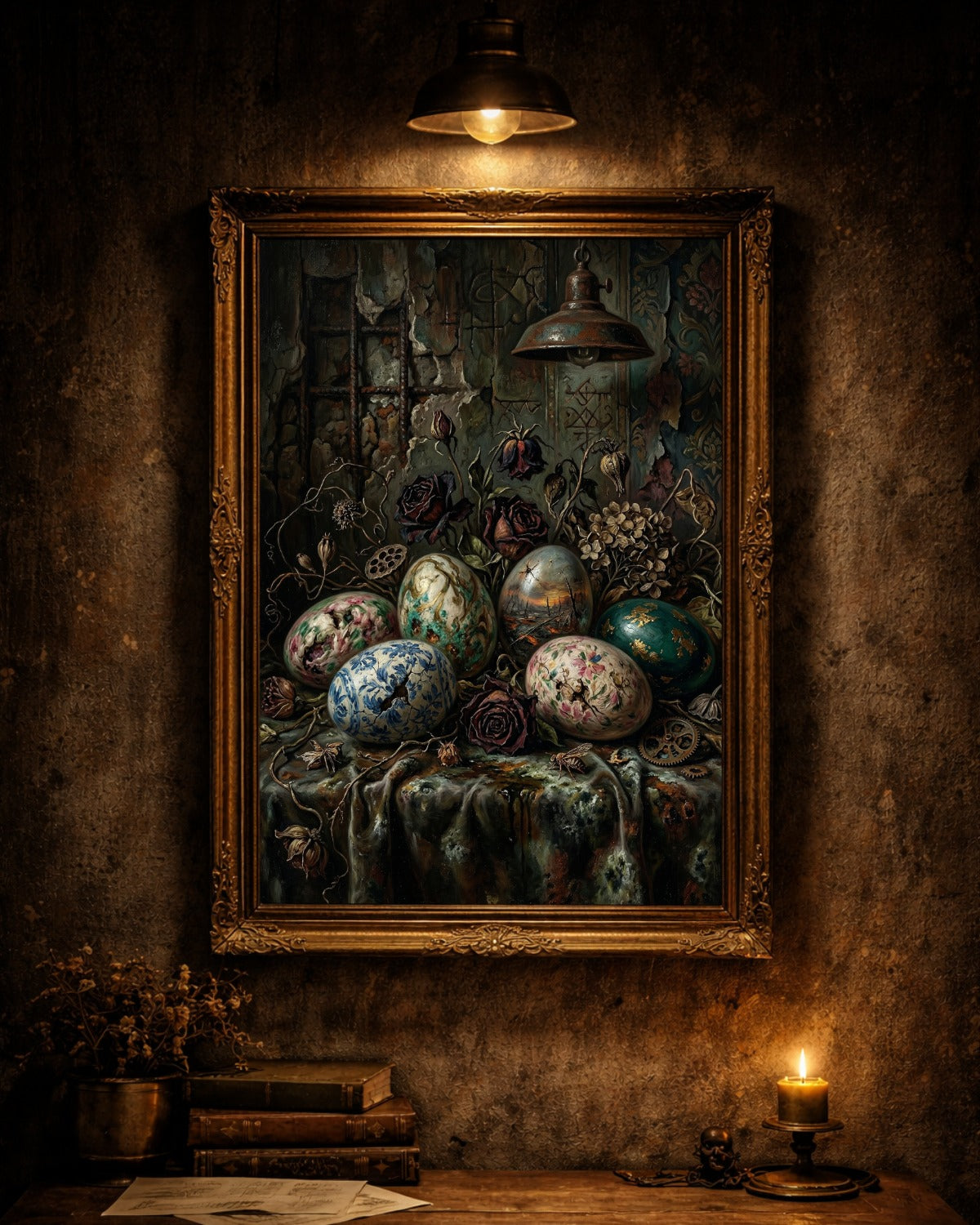 Gothic Stillleben Poster mit bemalten Vintage Ostereiern, verwelkten Rosen und antiker Lampe in dunkler Vintage Atmosphäre.
