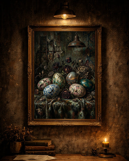Gothic Stillleben Poster mit bemalten Vintage Ostereiern, verwelkten Rosen und antiker Lampe in dunkler Vintage Atmosphäre.