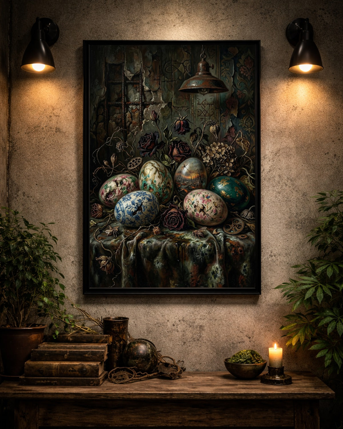 Gothic Stillleben Poster mit bemalten Vintage Ostereiern, verwelkten Rosen und antiker Lampe in dunkler Vintage Atmosphäre.