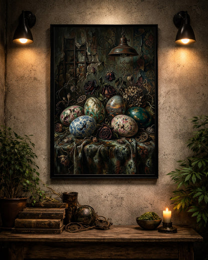 Gothic Stillleben Poster mit bemalten Vintage Ostereiern, verwelkten Rosen und antiker Lampe in dunkler Vintage Atmosphäre.