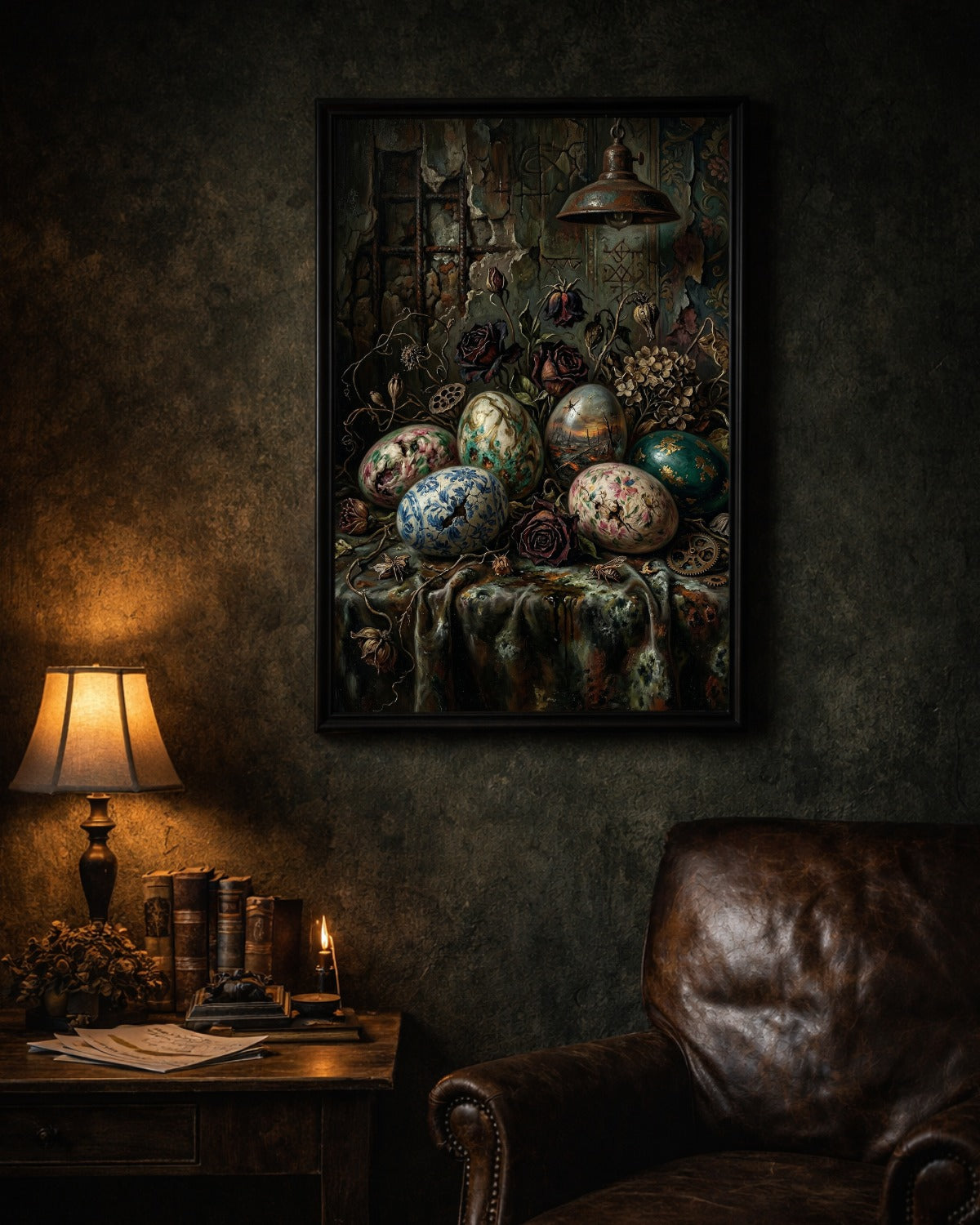 Gothic Stillleben Poster mit bemalten Vintage Ostereiern, verwelkten Rosen und antiker Lampe in dunkler Vintage Atmosphäre.