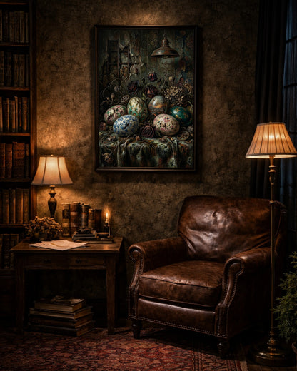 Gothic Stillleben Poster mit bemalten Vintage Ostereiern, verwelkten Rosen und antiker Lampe in dunkler Vintage Atmosphäre.