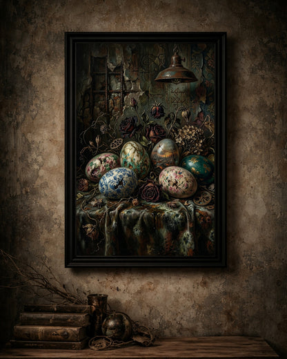 Gothic Stillleben Poster mit bemalten Vintage Ostereiern, verwelkten Rosen und antiker Lampe in dunkler Vintage Atmosphäre.