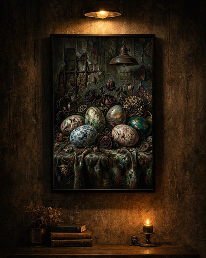 Gothic Stillleben Poster mit bemalten Vintage Ostereiern, verwelkten Rosen und antiker Lampe in dunkler Vintage Atmosphäre.