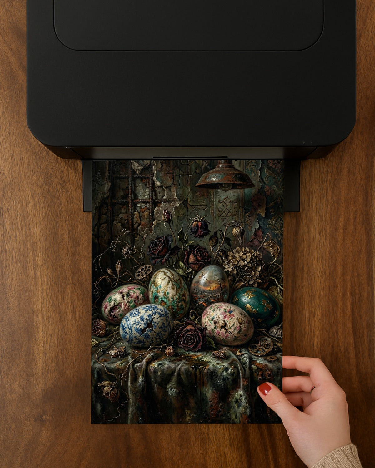 Gothic Stillleben Poster mit bemalten Vintage Ostereiern, verwelkten Rosen und antiker Lampe in dunkler Vintage Atmosphäre.