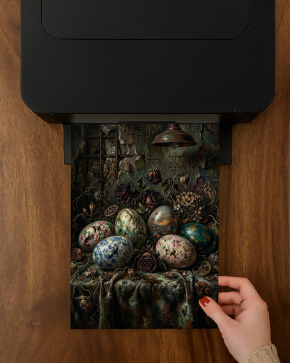 Gothic Stillleben Poster mit bemalten Vintage Ostereiern, verwelkten Rosen und antiker Lampe in dunkler Vintage Atmosphäre.