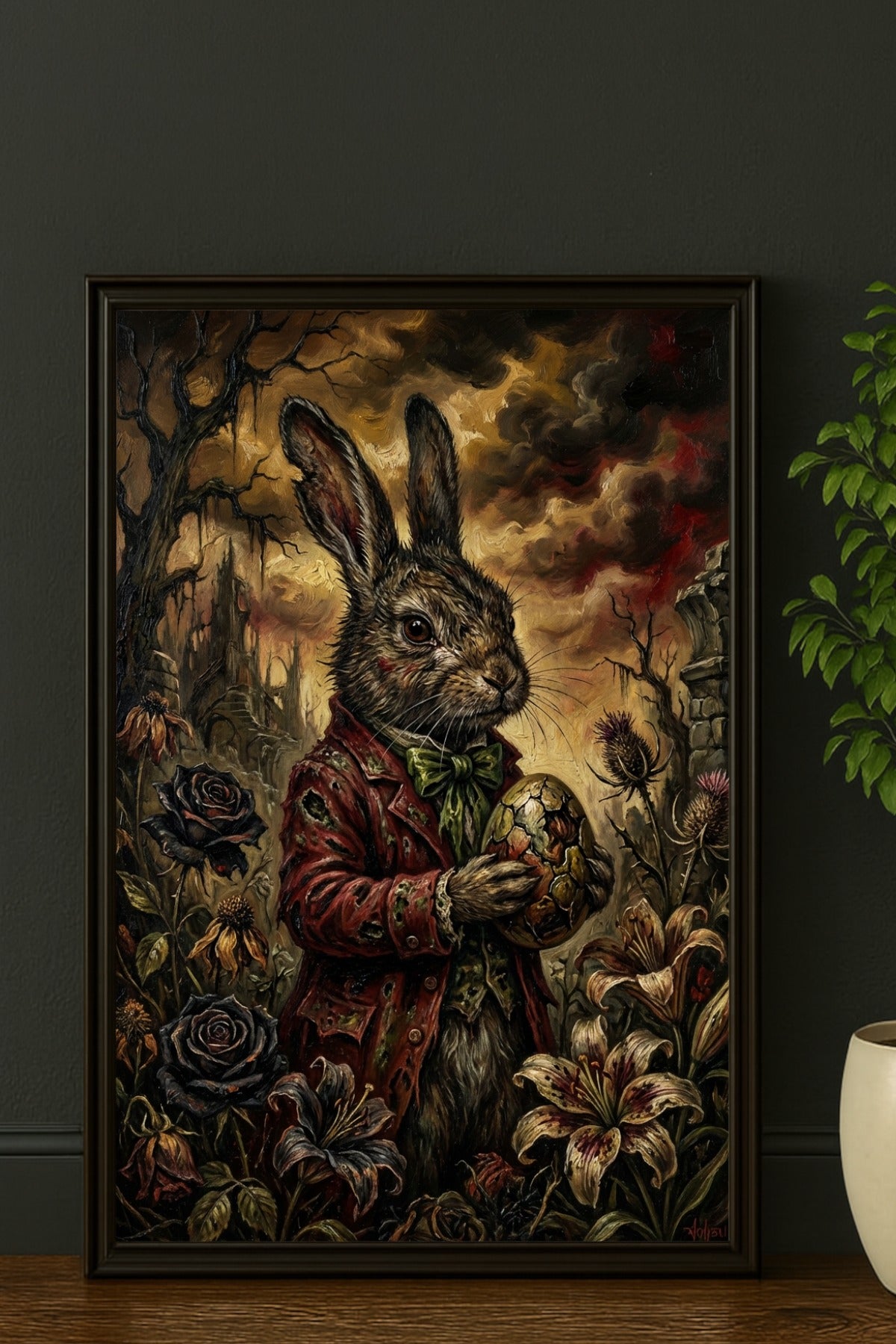 Düsteres Dark-Fantasy-Ölgemälde eines Hasen im roten Gehrock, der ein zerbrochenes, verziertes Osterei hält, umgeben von welken Blumen und einer mystischen Schlossruine im Hintergrund.