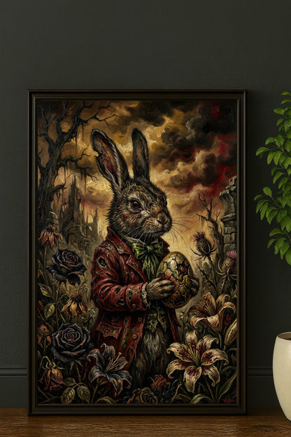 Düsteres Dark-Fantasy-Ölgemälde eines Hasen im roten Gehrock, der ein zerbrochenes, verziertes Osterei hält, umgeben von welken Blumen und einer mystischen Schlossruine im Hintergrund.