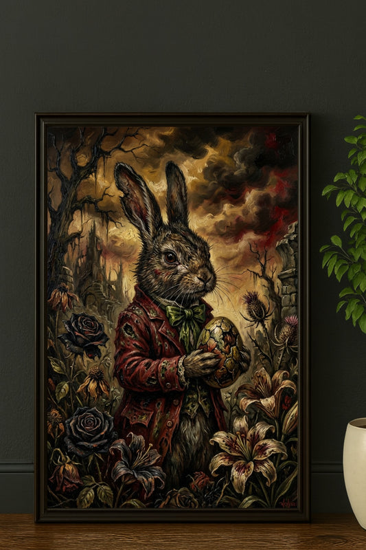Düsteres Dark-Fantasy-Ölgemälde eines Hasen im roten Gehrock, der ein zerbrochenes, verziertes Osterei hält, umgeben von welken Blumen und einer mystischen Schlossruine im Hintergrund.