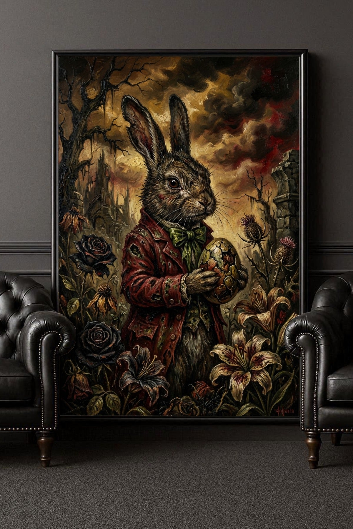 Düsteres Dark-Fantasy-Ölgemälde eines Hasen im roten Gehrock, der ein zerbrochenes, verziertes Osterei hält, umgeben von welken Blumen und einer mystischen Schlossruine im Hintergrund.