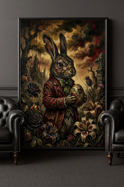Düsteres Dark-Fantasy-Ölgemälde eines Hasen im roten Gehrock, der ein zerbrochenes, verziertes Osterei hält, umgeben von welken Blumen und einer mystischen Schlossruine im Hintergrund.