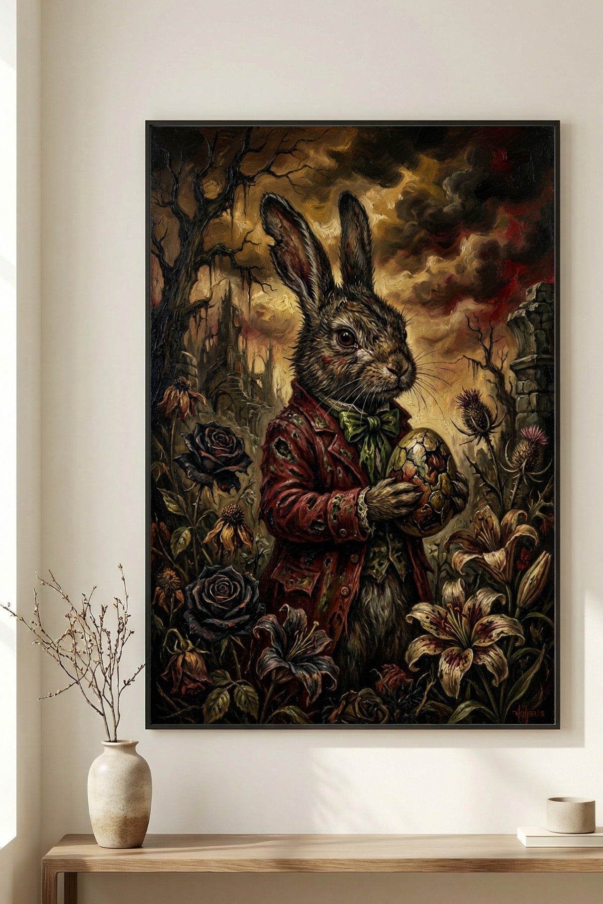 Düsteres Dark-Fantasy-Ölgemälde eines Hasen im roten Gehrock, der ein zerbrochenes, verziertes Osterei hält, umgeben von welken Blumen und einer mystischen Schlossruine im Hintergrund.