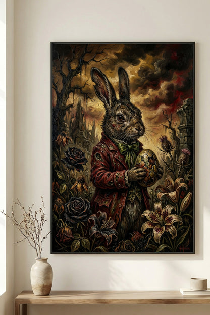 Düsteres Dark-Fantasy-Ölgemälde eines Hasen im roten Gehrock, der ein zerbrochenes, verziertes Osterei hält, umgeben von welken Blumen und einer mystischen Schlossruine im Hintergrund.