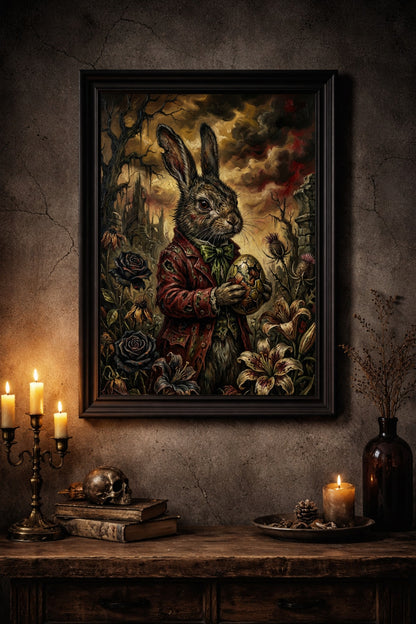 Düsteres Dark-Fantasy-Ölgemälde eines Hasen im roten Gehrock, der ein zerbrochenes, verziertes Osterei hält, umgeben von welken Blumen und einer mystischen Schlossruine im Hintergrund.