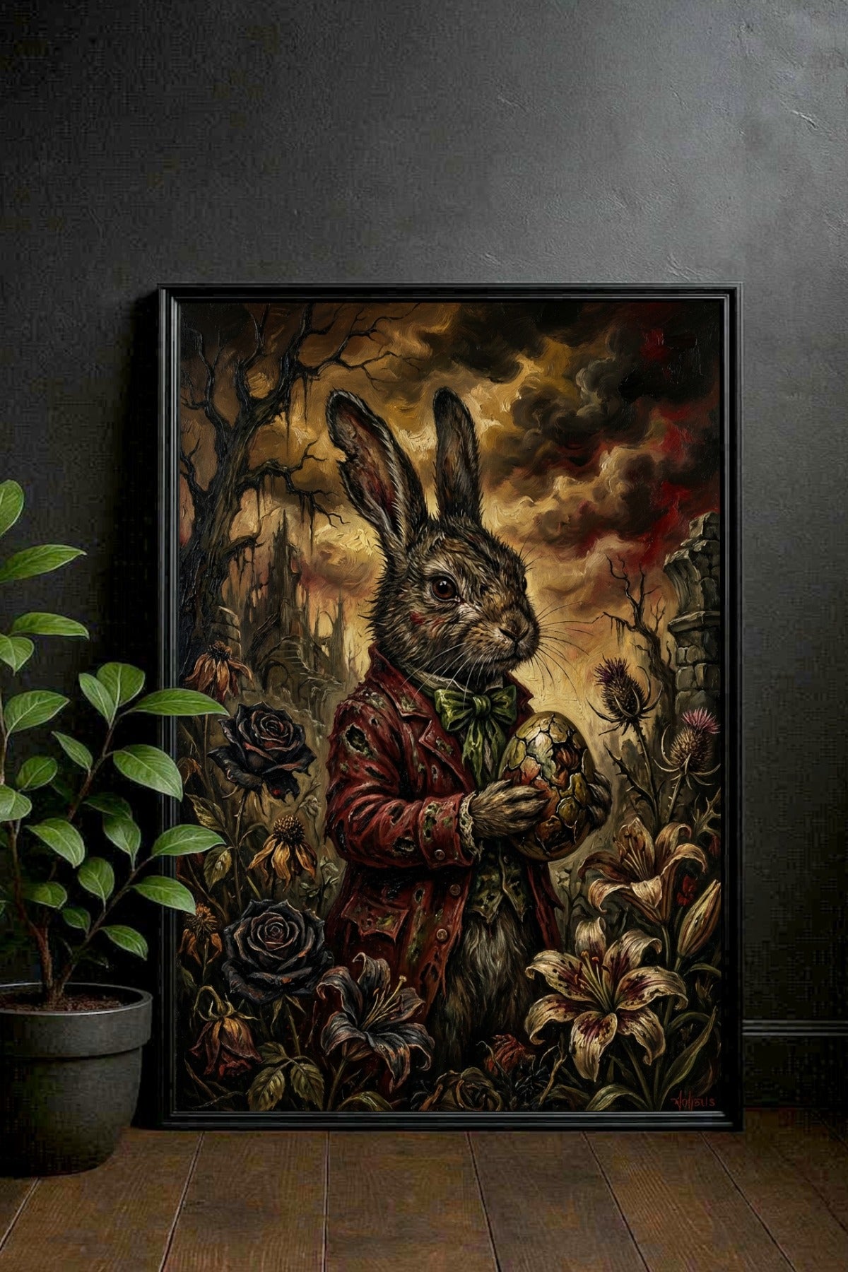 Düsteres Dark-Fantasy-Ölgemälde eines Hasen im roten Gehrock, der ein zerbrochenes, verziertes Osterei hält, umgeben von welken Blumen und einer mystischen Schlossruine im Hintergrund.