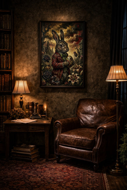 Düsteres Dark-Fantasy-Ölgemälde eines Hasen im roten Gehrock, der ein zerbrochenes, verziertes Osterei hält, umgeben von welken Blumen und einer mystischen Schlossruine im Hintergrund.