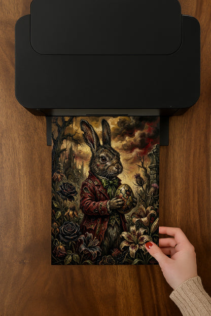 Düsteres Dark-Fantasy-Ölgemälde eines Hasen im roten Gehrock, der ein zerbrochenes, verziertes Osterei hält, umgeben von welken Blumen und einer mystischen Schlossruine im Hintergrund.