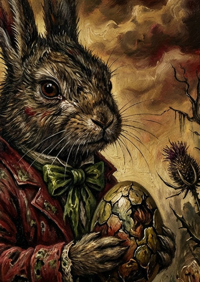 Düsteres Dark-Fantasy-Ölgemälde eines Hasen im roten Gehrock, der ein zerbrochenes, verziertes Osterei hält, umgeben von welken Blumen und einer mystischen Schlossruine im Hintergrund.