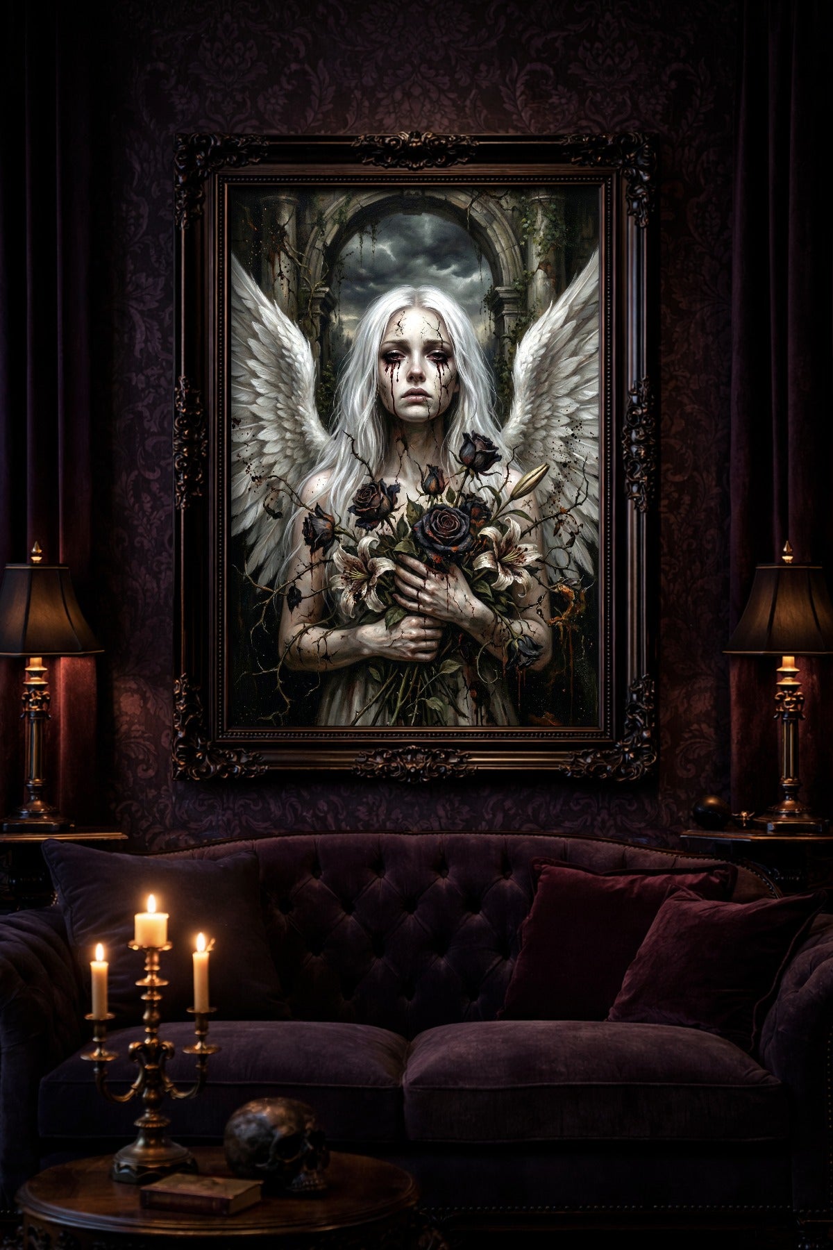 Digitales Wandbild mit Gothic-Engel, weißen Flügeln, blassem Gesicht, schwarzen Rosen und verfallener Ruinenkulisse.