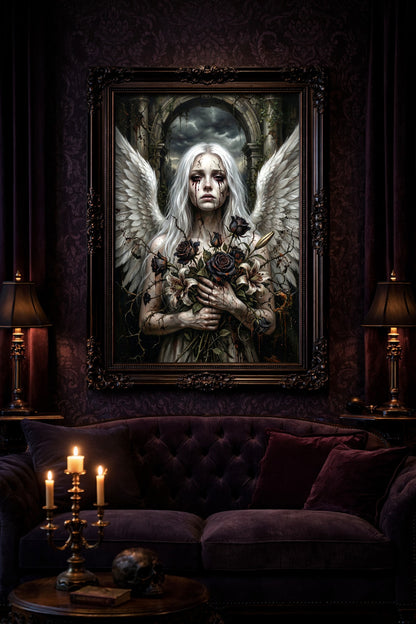 Digitales Wandbild mit Gothic-Engel, weißen Flügeln, blassem Gesicht, schwarzen Rosen und verfallener Ruinenkulisse.