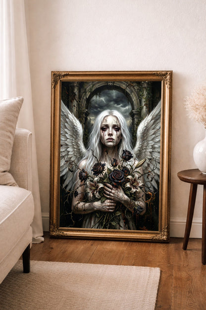 Digitales Wandbild mit Gothic-Engel, weißen Flügeln, blassem Gesicht, schwarzen Rosen und verfallener Ruinenkulisse.