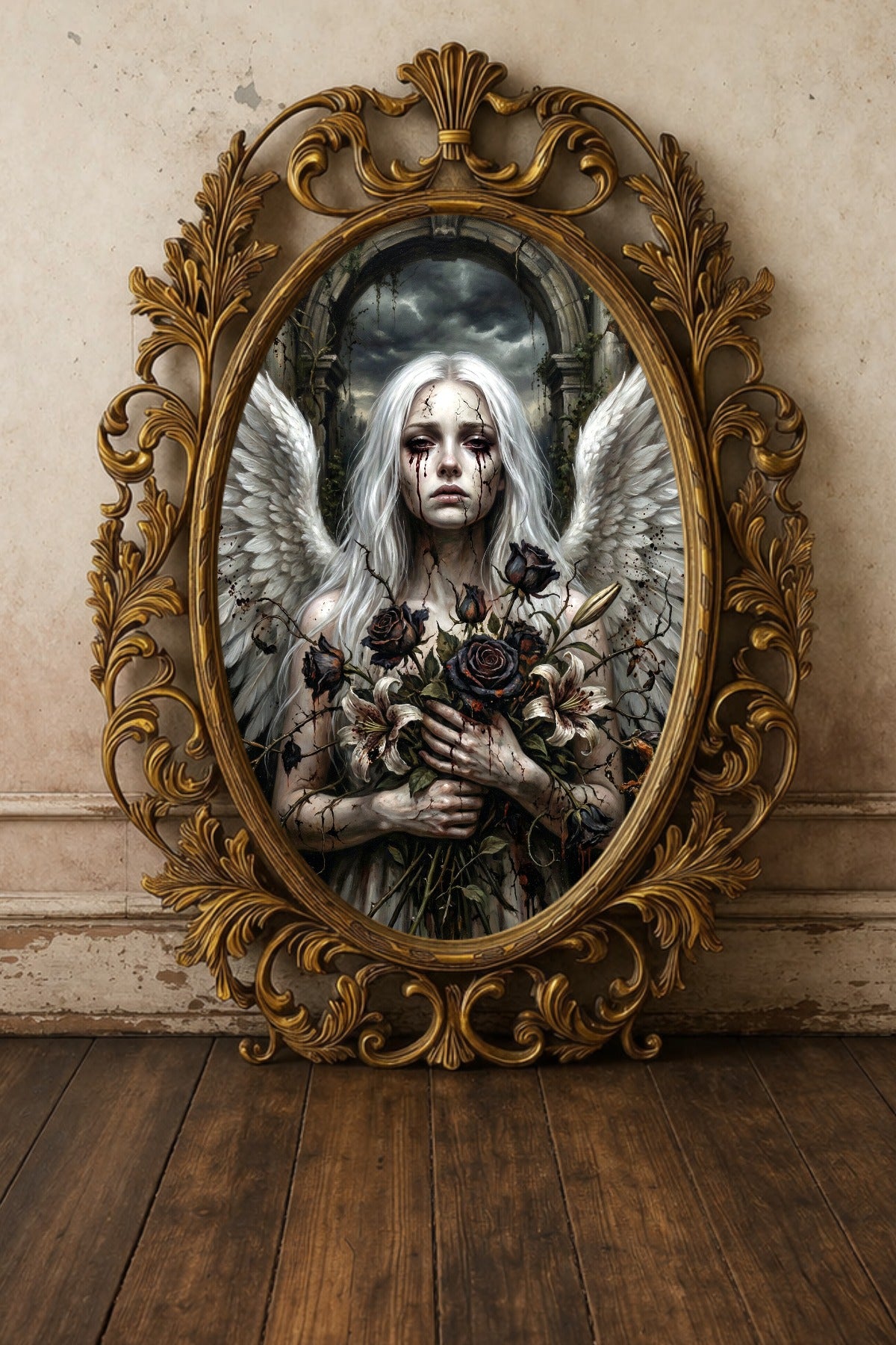 Digitales Wandbild mit Gothic-Engel, weißen Flügeln, blassem Gesicht, schwarzen Rosen und verfallener Ruinenkulisse.