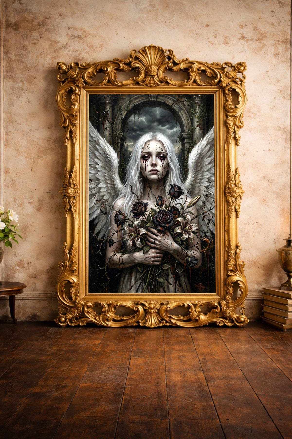 Digitales Wandbild mit Gothic-Engel, weißen Flügeln, blassem Gesicht, schwarzen Rosen und verfallener Ruinenkulisse.