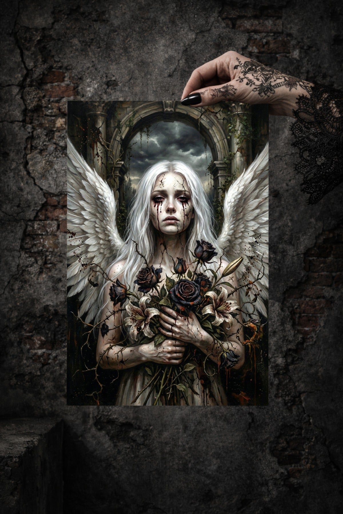 Digitales Wandbild mit Gothic-Engel, weißen Flügeln, blassem Gesicht, schwarzen Rosen und verfallener Ruinenkulisse.