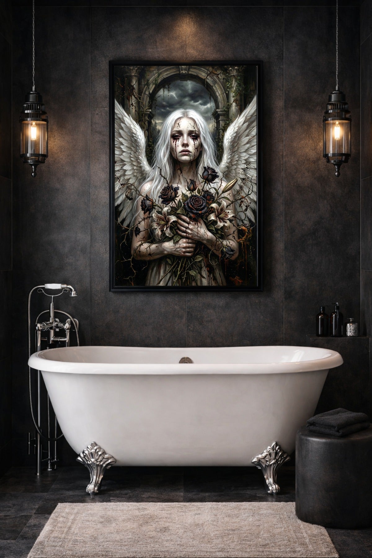 Gothic Wandbild mit weißem Engel, ausgebreiteten Flügeln und dunklen Rosen vor einer alten Steinruine als spirituelle Dark Art Deko. Badezimmedeko.