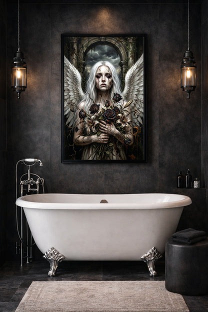 Gothic Wandbild mit weißem Engel, ausgebreiteten Flügeln und dunklen Rosen vor einer alten Steinruine als spirituelle Dark Art Deko. Badezimmedeko.