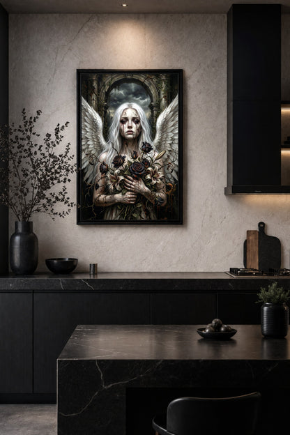 Dark Art Illustration eines weißen Engels mit großen Flügeln, dunklen Rosen und steinerner Ruinenkulisse als mystische Wanddeko im Gothic-Stil. Küchendeko.