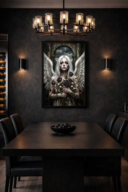 Mystische Wandkunst mit weißem Engel, mächtigen Flügeln und dunklen Rosen vor einer verfallenen Steinruine im Gothic-Look. Esszimmerdeko.