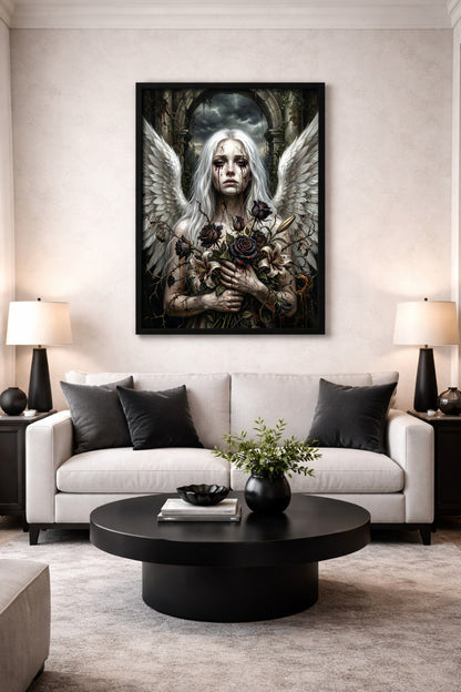 Spirituelle Dark Art Illustration mit weißem Engel, großen Flügeln, dunklen Rosen und alter Ruinenarchitektur als Gothic Wandbild. Wohnzimmerdeko.