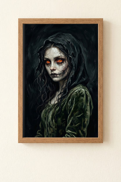 Hochwertiger Kunstdruck eines Gothic-Porträts auf mattem Papier mit einer Frau in schwarzer Kapuze und leuchtend orangefarbenen Augen.