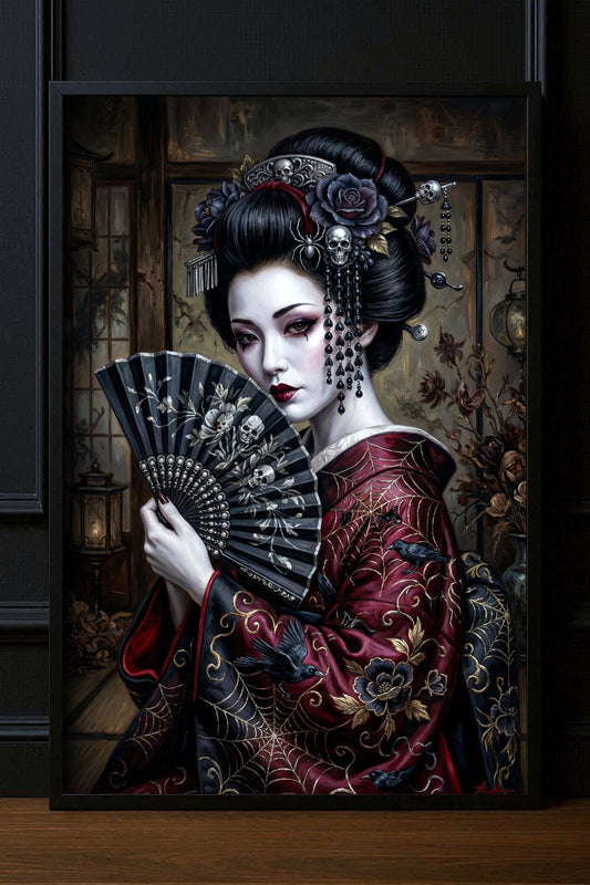 Großes gerahmtes Gothic Geisha Poster mit schwarzem Fächer, rotem Kimono, Schädel-Schmuck und dunkler Raumwirkung im schwarzen Bilderrahmen