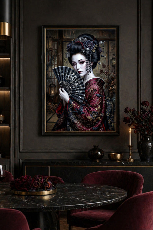 Gerahmtes Dark Fantasy Wandbild mit Gothic Geisha, Totenkopf-Haarschmuck, schwarzen Perlen, Rosen und rotem Kimono in dunklem Esszimmer