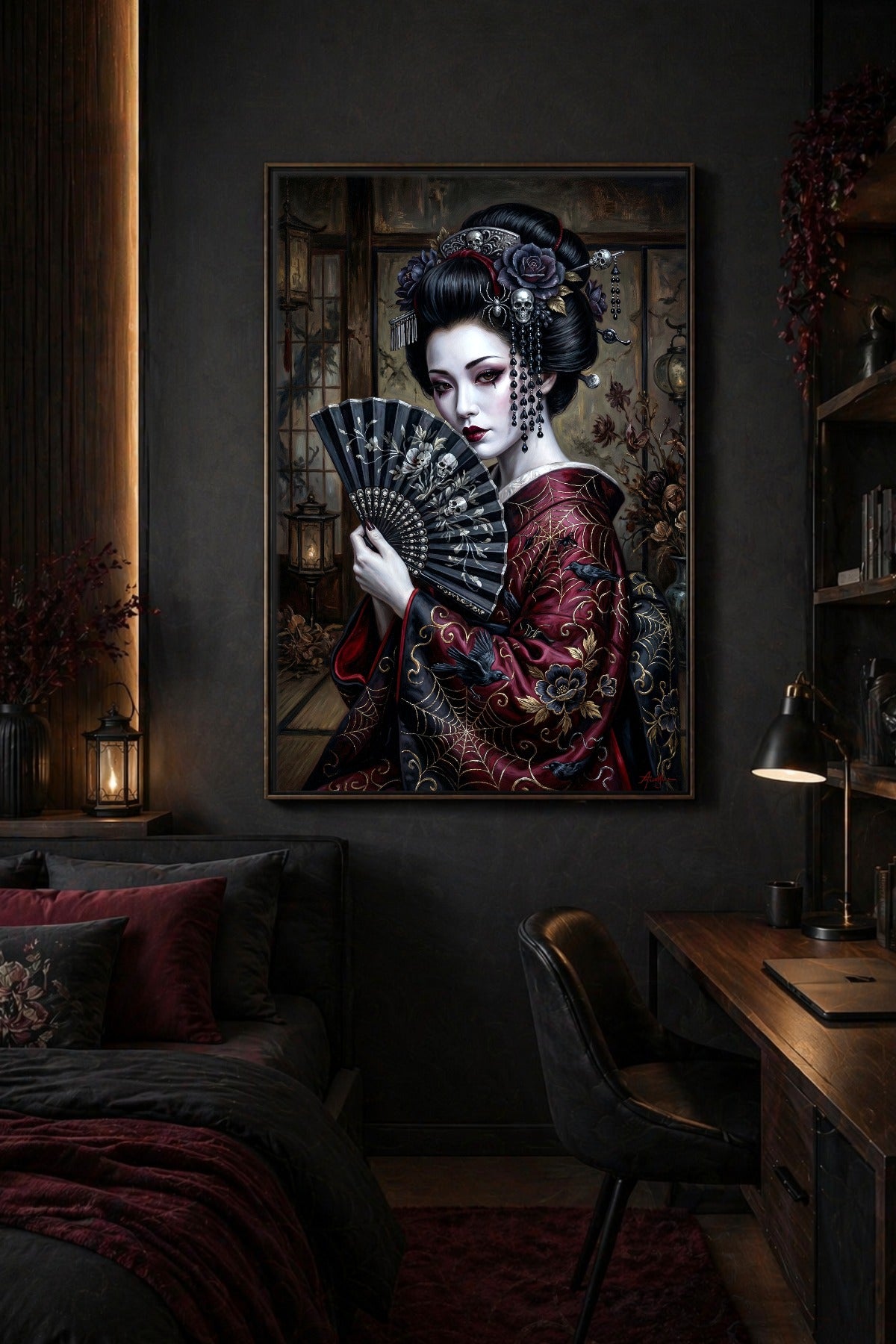 Bild für Studentenzimmer. Geisha im Gothic-Stil mit schwarzem Fächer, roten Augen, Schädel-Schmuck im Haar und rot-schwarzem Kimono vor dunklem Hintergrund.