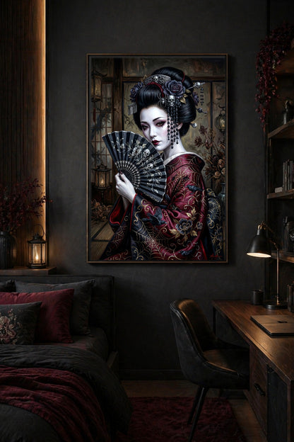 Bild für Studentenzimmer. Geisha im Gothic-Stil mit schwarzem Fächer, roten Augen, Schädel-Schmuck im Haar und rot-schwarzem Kimono vor dunklem Hintergrund.