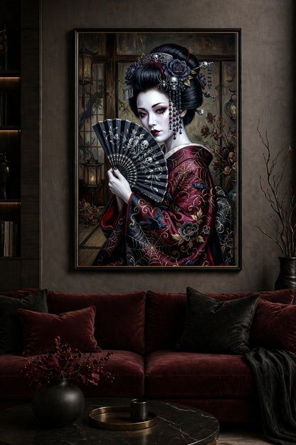 Bild für Wohnzimmer. Digitales Poster einer Gothic Geisha mit Totenschädel-Haarschmuck, schwarzem Fächer, roten Augen und rot-schwarzem Kimono in finsterem Innenraum.