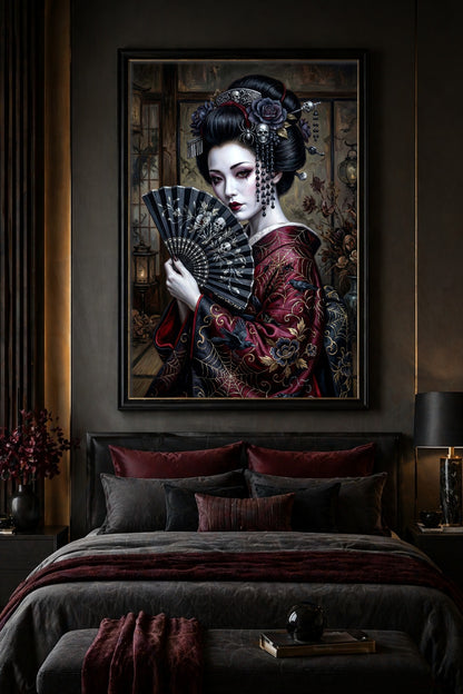 Bild für Schlafzimmer. Gothic Geisha als digitales Wandbild mit schwarzen Haaren, rotem Blick, schwarzem Fächer und rot-schwarzem Kimono in geheimnisvoller Innenraumszene.