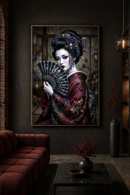 Bild für Loft oder Studio. Dunkles Geisha-Portrait mit schwarzem Fächer, roten Augen, Totenschädeln im Haar und rot-schwarzem Kimono in atmosphärischer Innenraumkulisse.