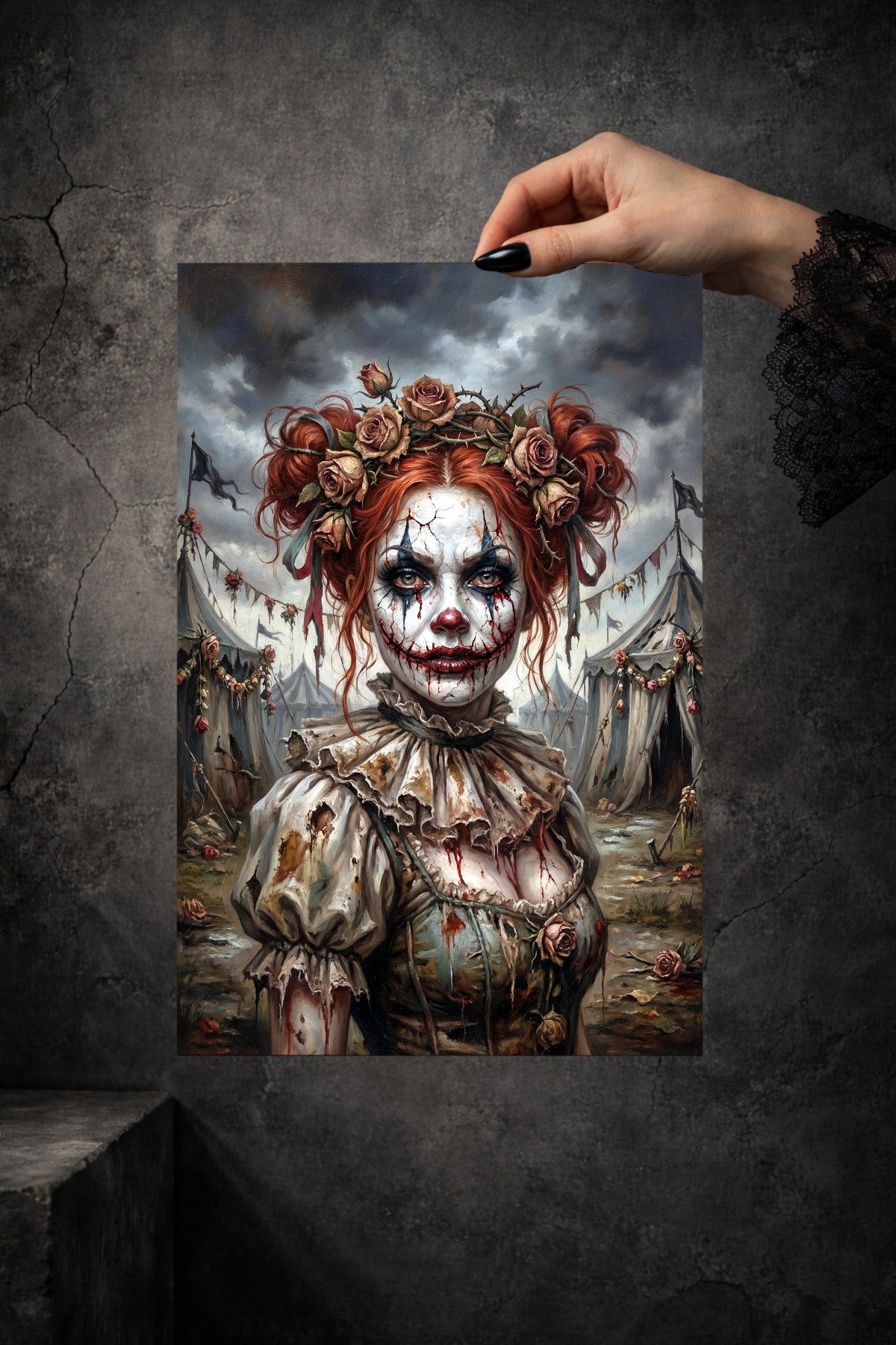 Unheimliches Clown-Porträt einer Frau mit rissigem Make-up, feuerroten Haaren und floraler Krone vor düsterem Zirkus. Poster, vertikal