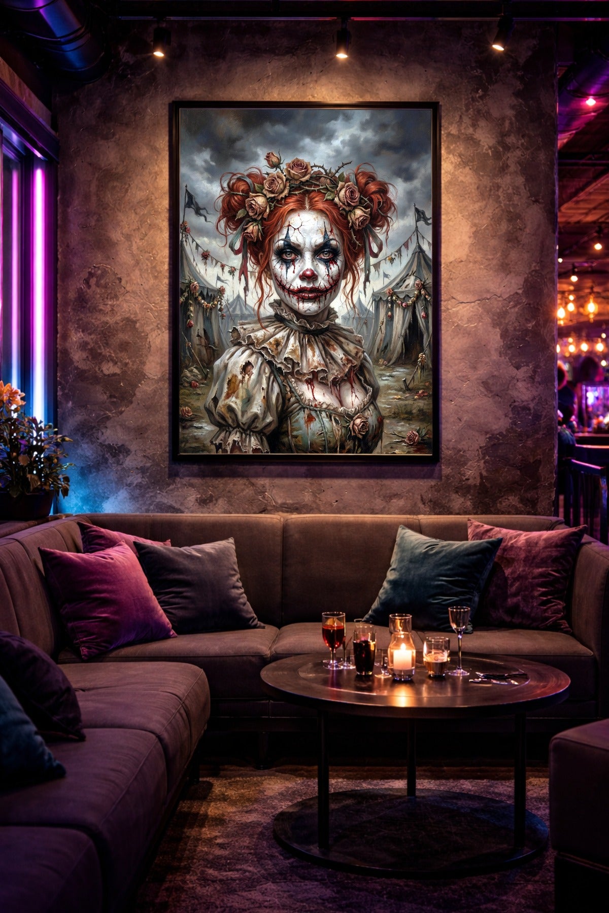 Horrorclown Wandbild mit Frau, rissigem Make-up, roten Haaren und Rosenkrone vor düsterer Zirkuskulisse. Hochformat A4