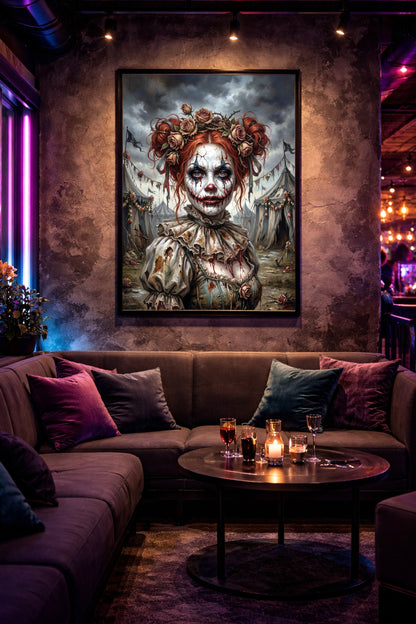 Horrorclown Wandbild mit Frau, rissigem Make-up, roten Haaren und Rosenkrone vor düsterer Zirkuskulisse. Hochformat A4