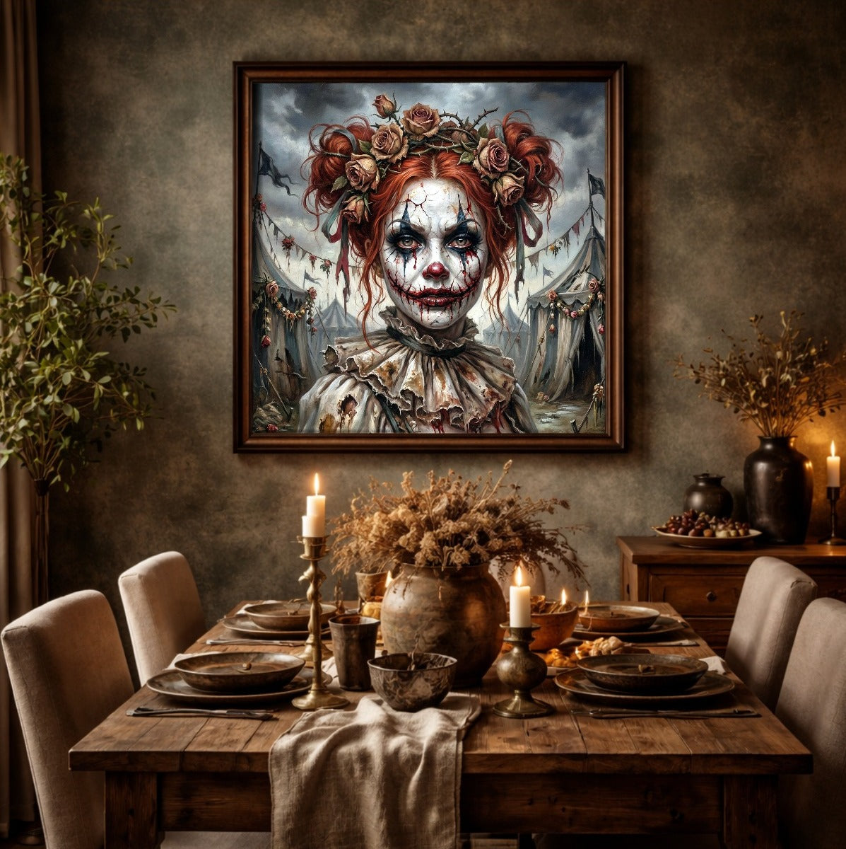 Gothic Horrorclown Wandbild mit weiblicher Figur, rotem Haar, Rosenkrone und verlassener Zirkusszene. 1:1 quadratisch